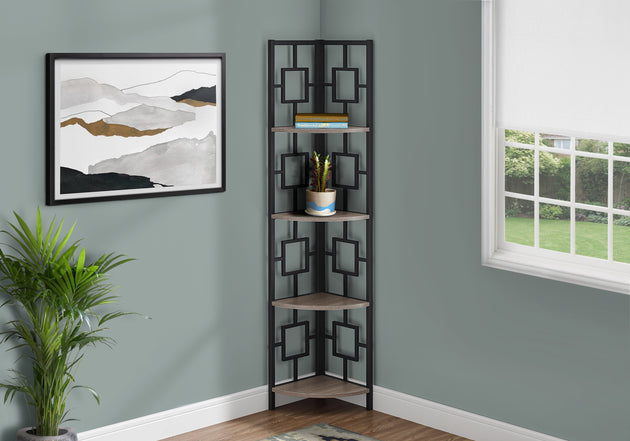 I 3611 Bookcase - 62"H / Dark Taupe / Black Metal Corner Etagere - Furniture Depot