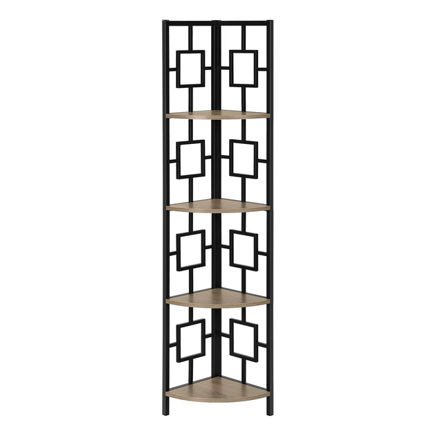 I 3611 Bookcase - 62"H / Dark Taupe / Black Metal Corner Etagere - Furniture Depot