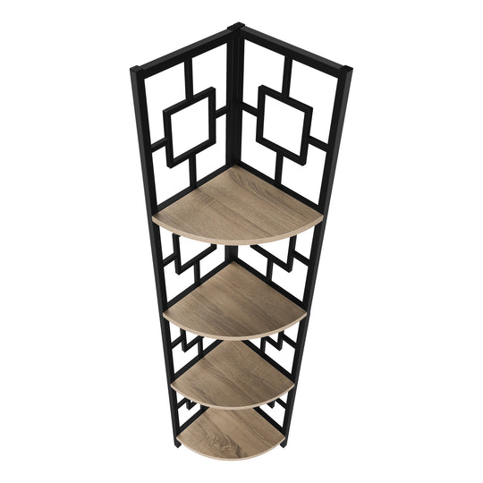 I 3611 Bookcase - 62"H / Dark Taupe / Black Metal Corner Etagere - Furniture Depot