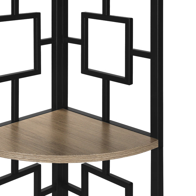 I 3611 Bookcase - 62"H / Dark Taupe / Black Metal Corner Etagere - Furniture Depot