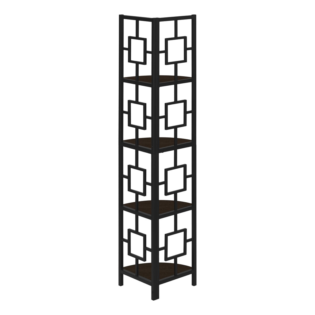 I 3612 Bookcase - 62"H / Espresso / Black Metal Corner Etagere - Furniture Depot