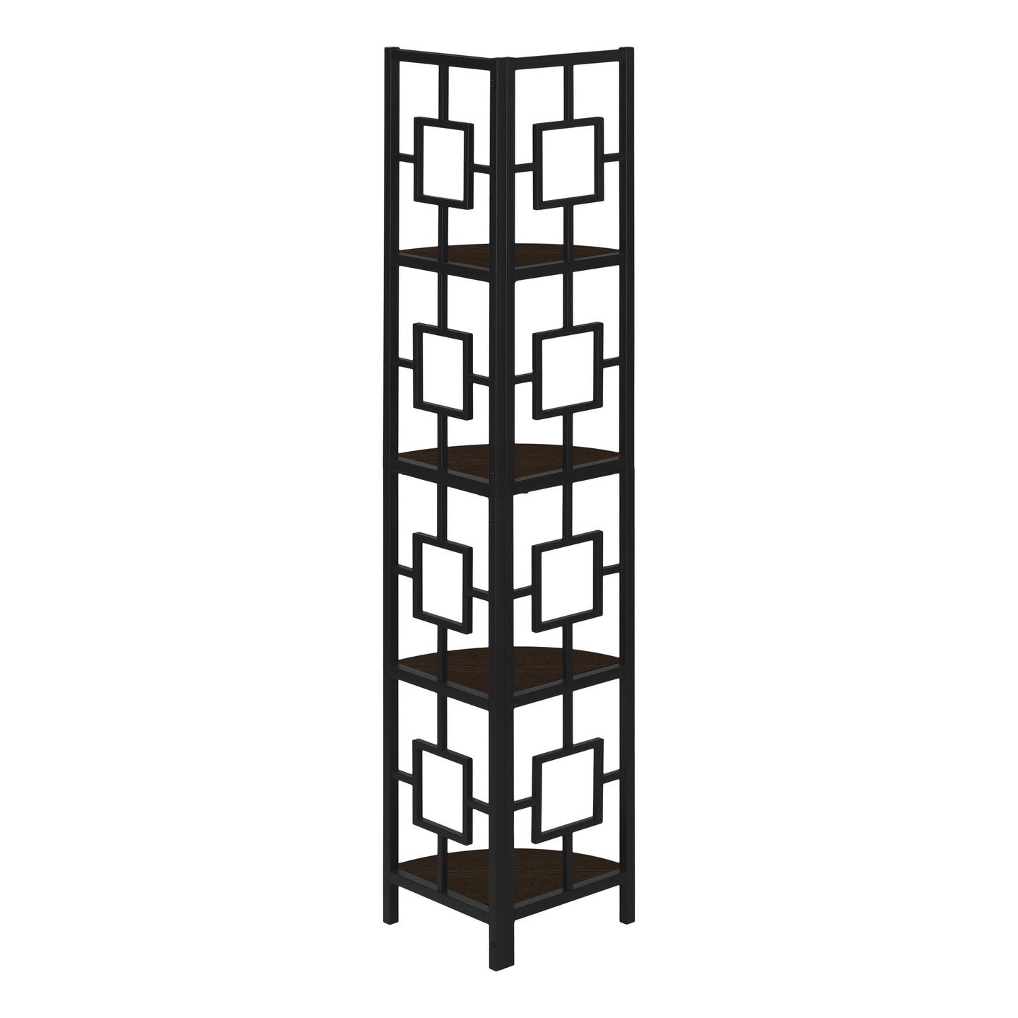 I 3612 Bookcase - 62"H / Espresso / Black Metal Corner Etagere - Furniture Depot