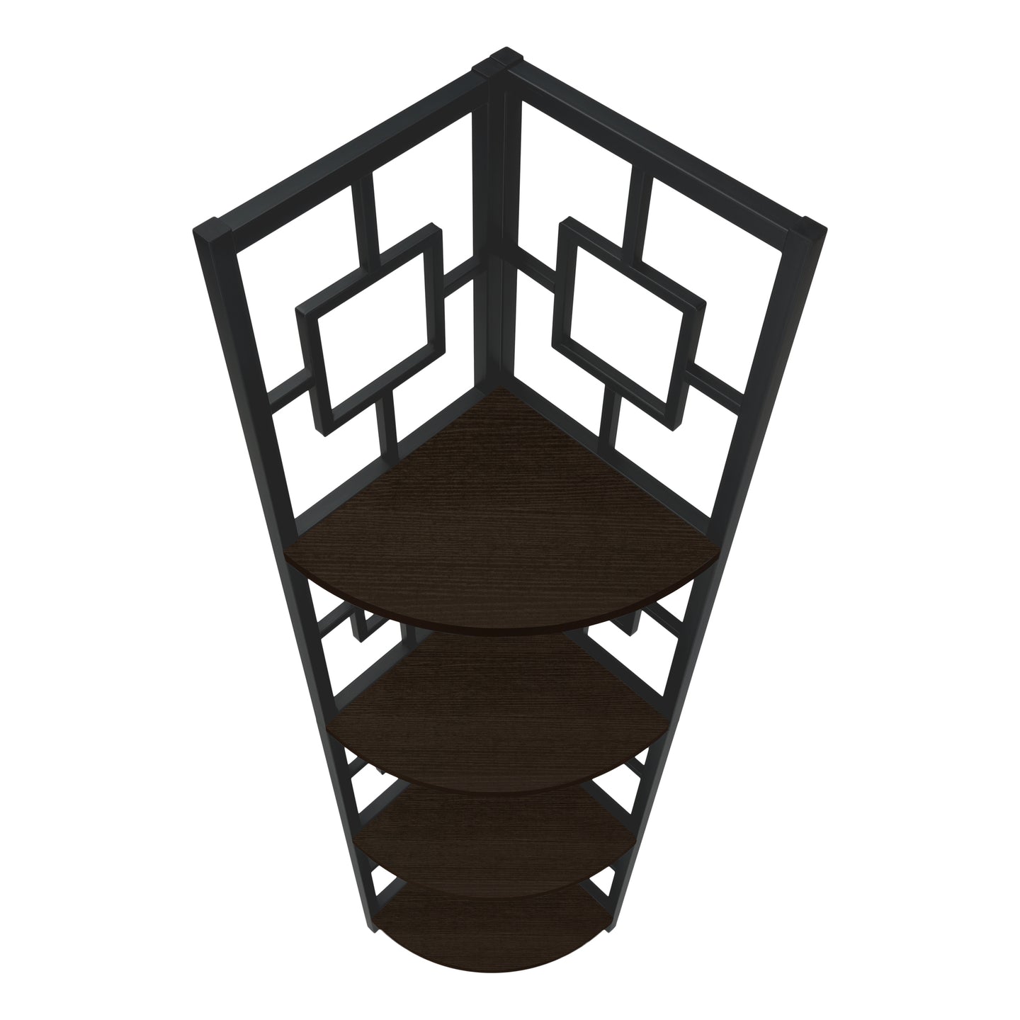 I 3612 Bookcase - 62"H / Espresso / Black Metal Corner Etagere - Furniture Depot
