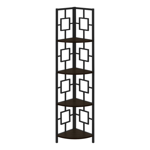 I 3612 Bookcase - 62"H / Espresso / Black Metal Corner Etagere - Furniture Depot