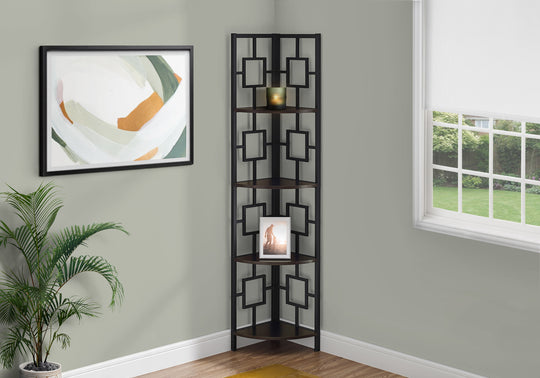 I 3612 Bookcase - 62"H / Espresso / Black Metal Corner Etagere - Furniture Depot