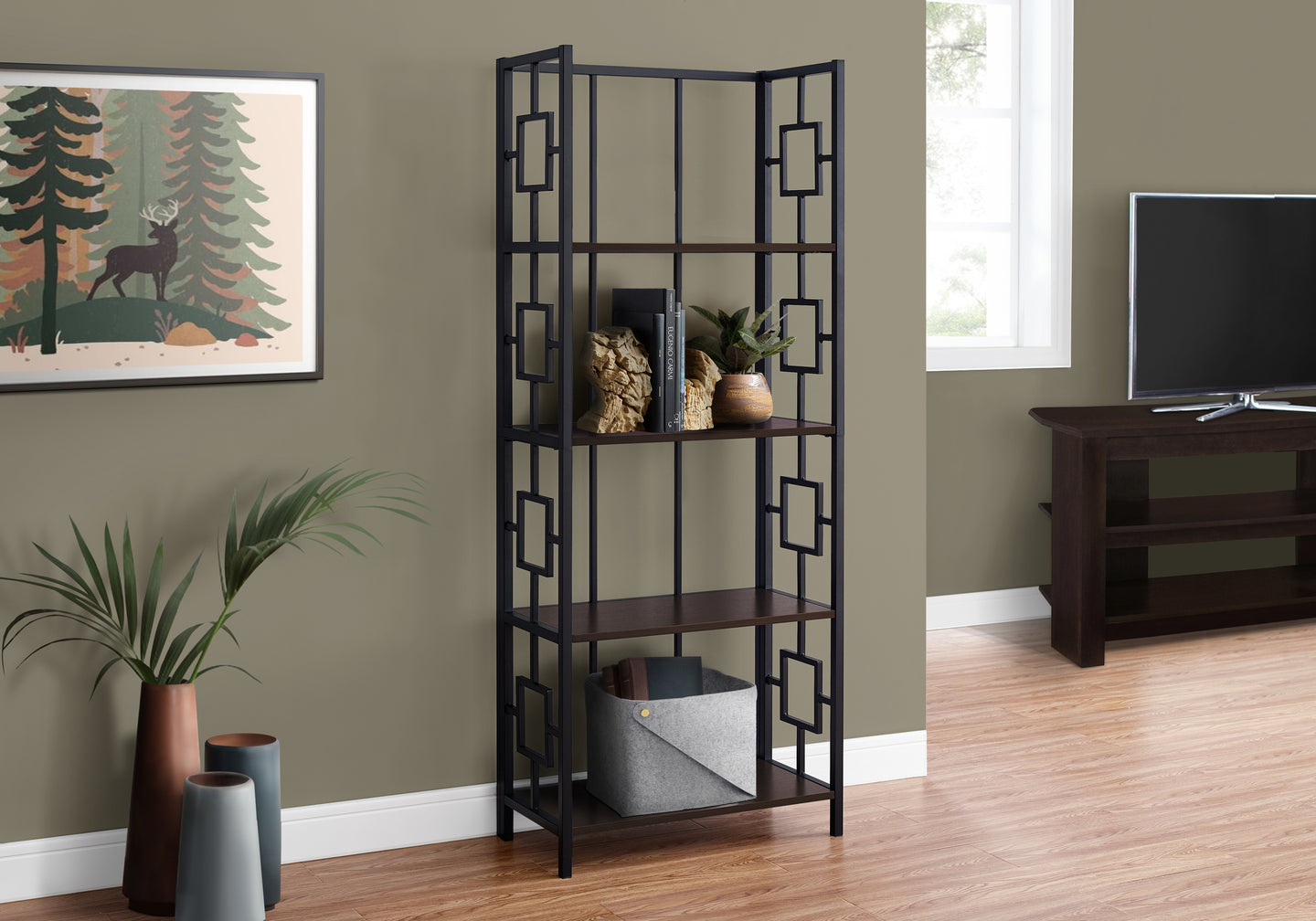 I 3617 Bookcase - 62"H / Espresso / Black Metal Etagere - Furniture Depot