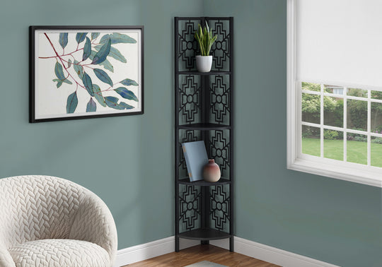 I 3620 Bookcase - 62"H / Black / Black Metal Corner Etagere - Furniture Depot