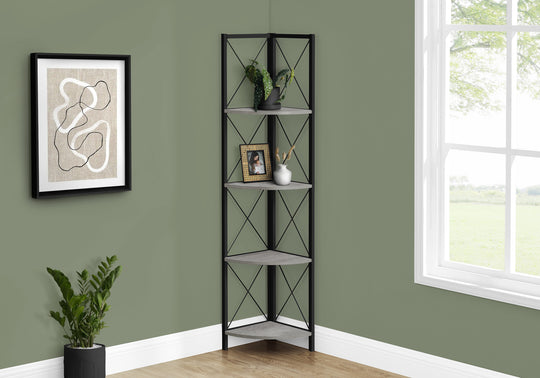 I 3647 Bookcase - 60"H / Grey / Black Metal Corner Etagere - Furniture Depot
