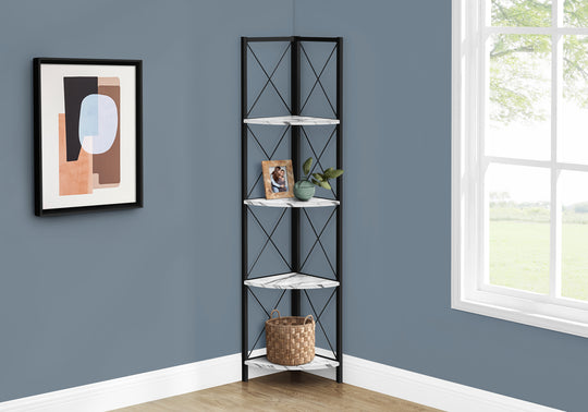 I 3651 Bookcase - 60"H / White Marble / Black Metal Corner - Furniture Depot
