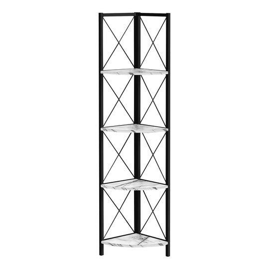 I 3651 Bookcase - 60"H / White Marble / Black Metal Corner - Furniture Depot
