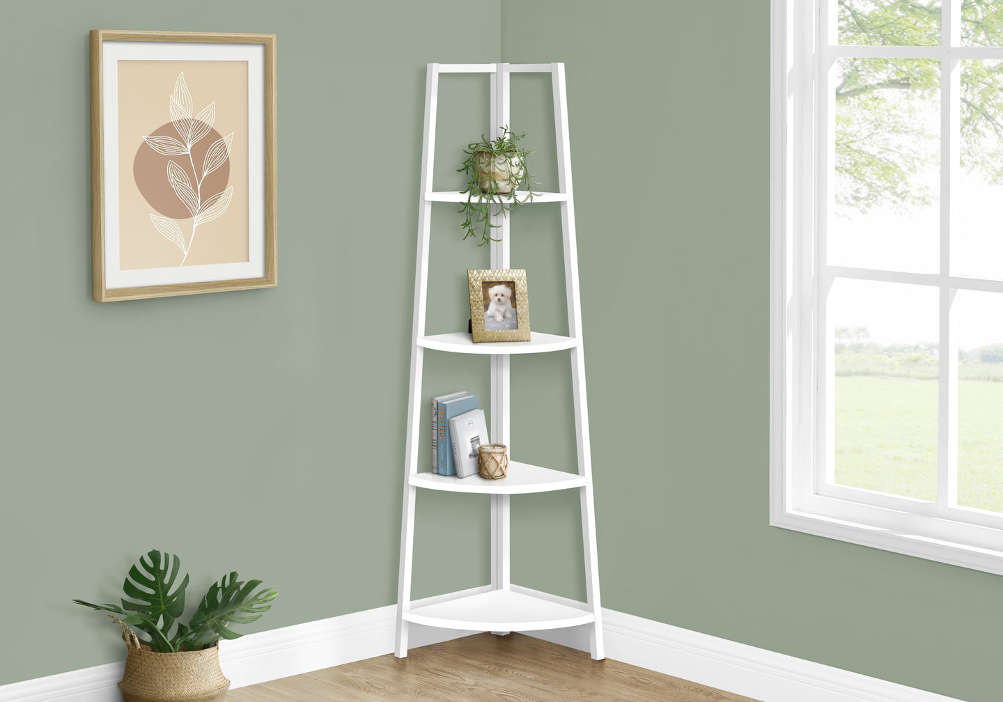 I 3665 Bookcase - 60"H / White / White Metal Corner Etagere - Furniture Depot