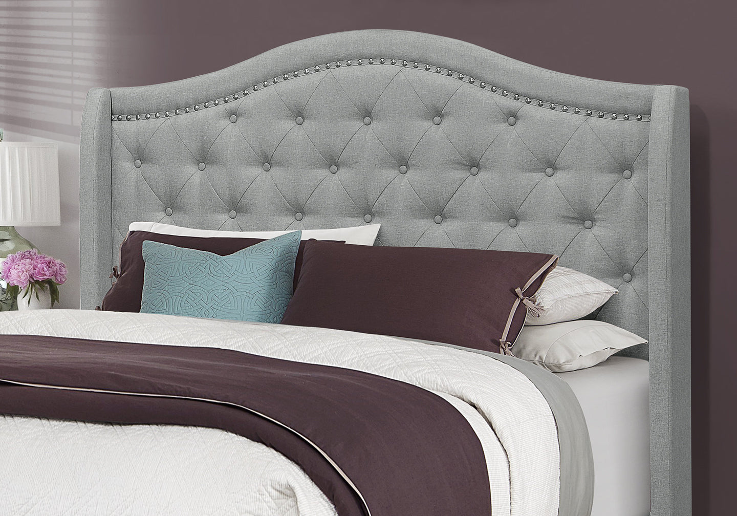 I 5966Q Bed - Queen Size / Grey Linen With Chrome Trim - Furniture Depot