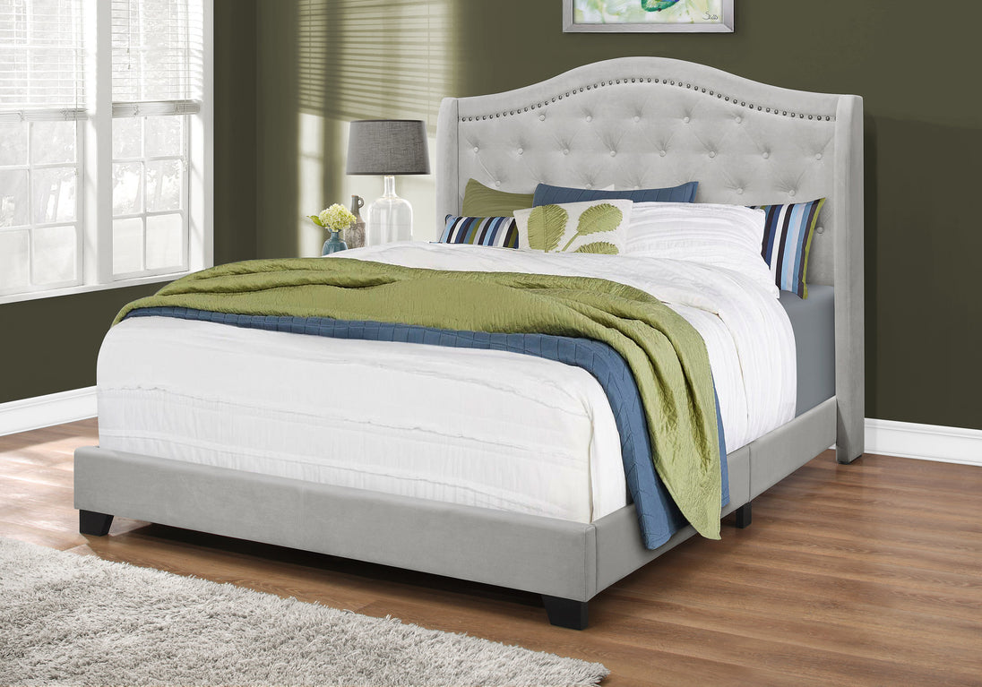 I 5967Q Bed - Queen Size / Light Grey Velvet With Chrome Trim - Furniture Depot