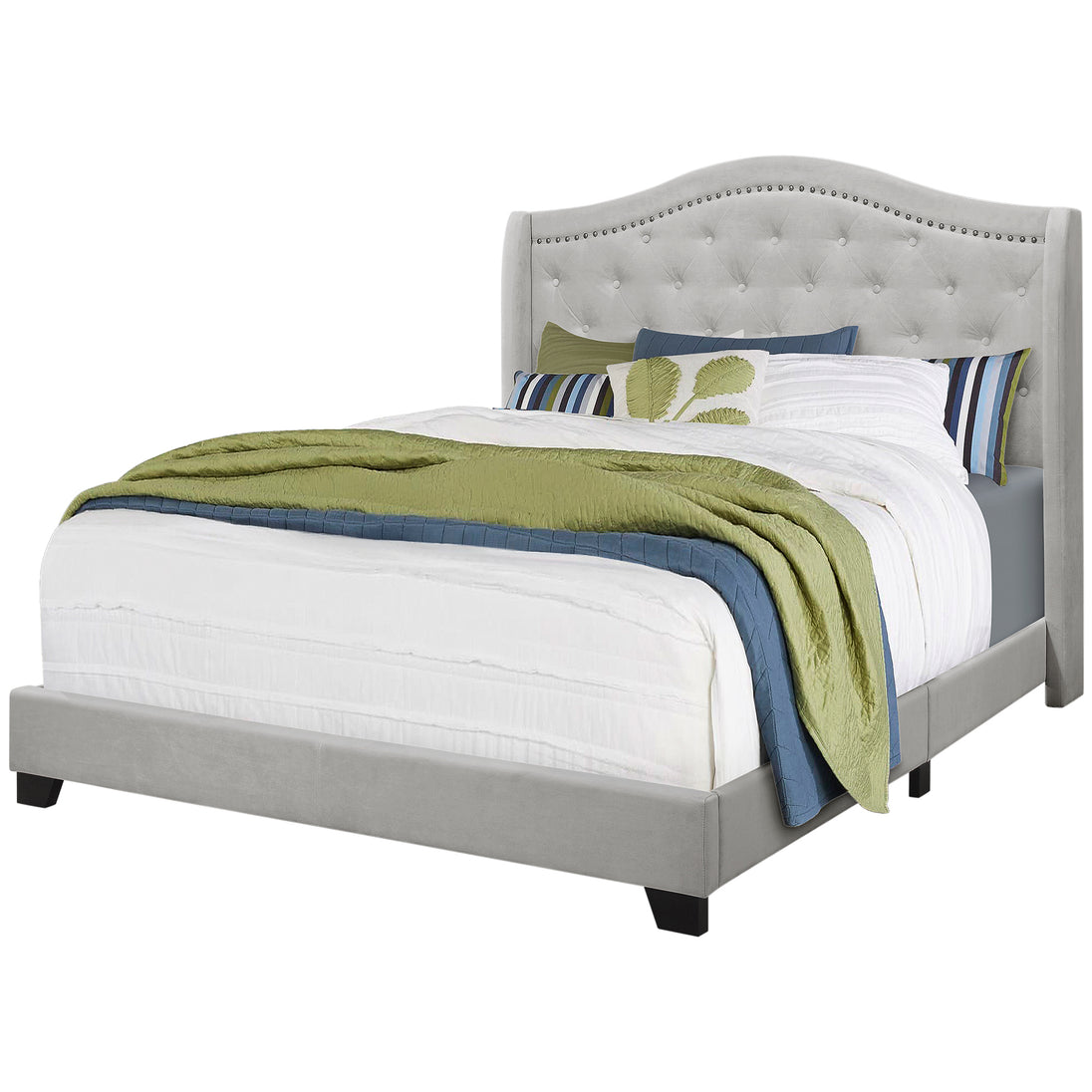 I 5967Q Bed - Queen Size / Light Grey Velvet With Chrome Trim - Furniture Depot
