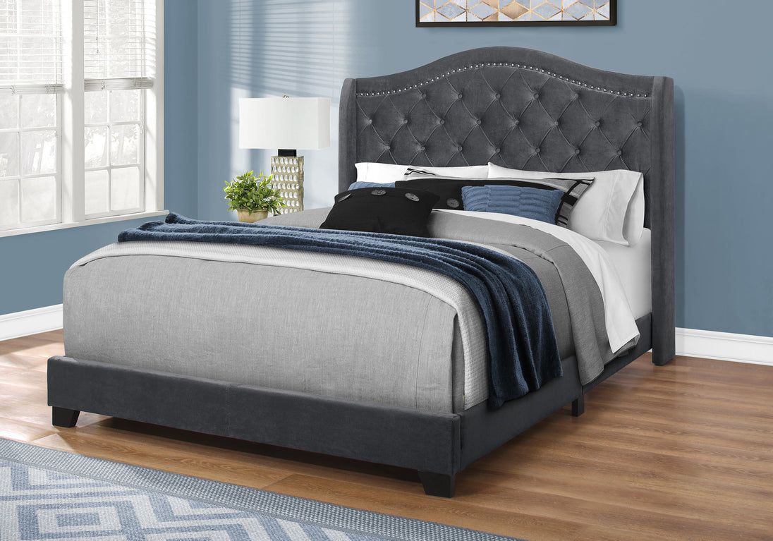 I 5968Q Bed - Queen Size / Dark Grey Velvet With Chrome Trim - Furniture Depot