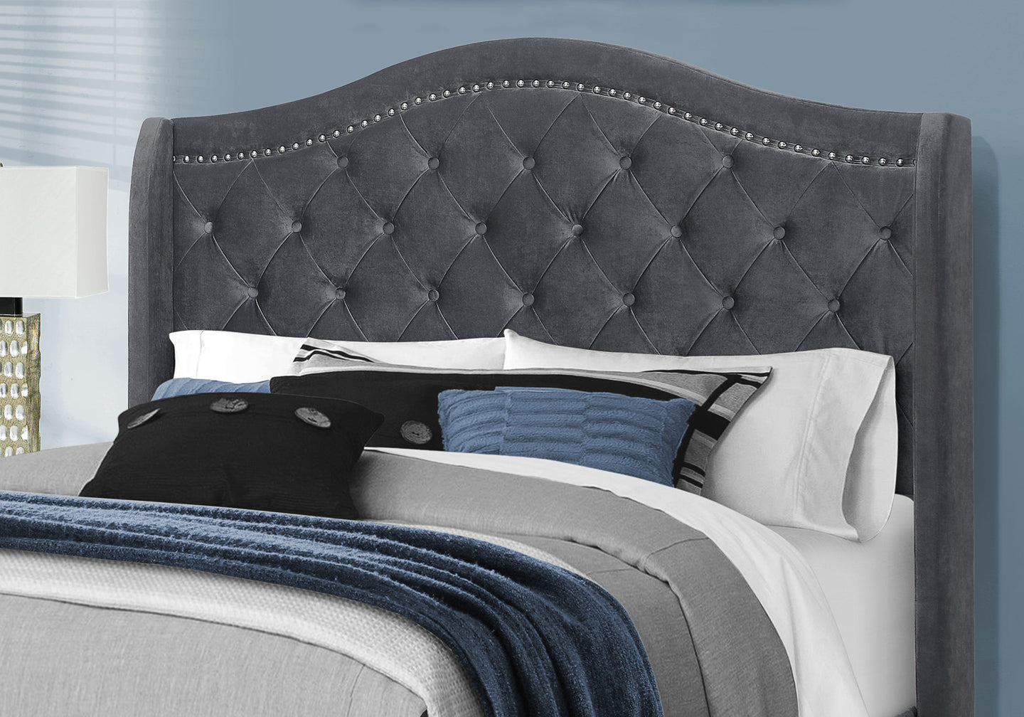 I 5968Q Bed - Queen Size / Dark Grey Velvet With Chrome Trim - Furniture Depot