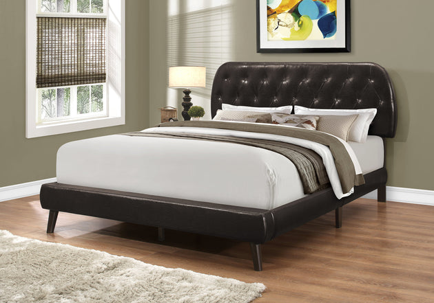 I 5982Q Bed - Queen Size / Brown Leather-Look With Wood Legs - Furniture Depot