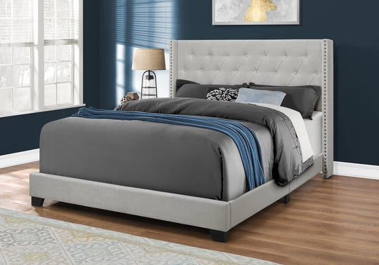 I 5985Q Bed - Queen Size / Light Grey Velvet With Chrome Trim - Furniture Depot