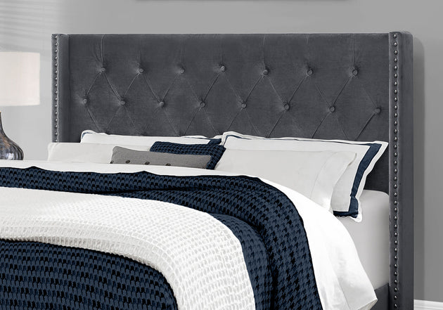 I 5986Q Bed - Queen Size / Dark Grey Velvet With Chrome Trim - Furniture Depot