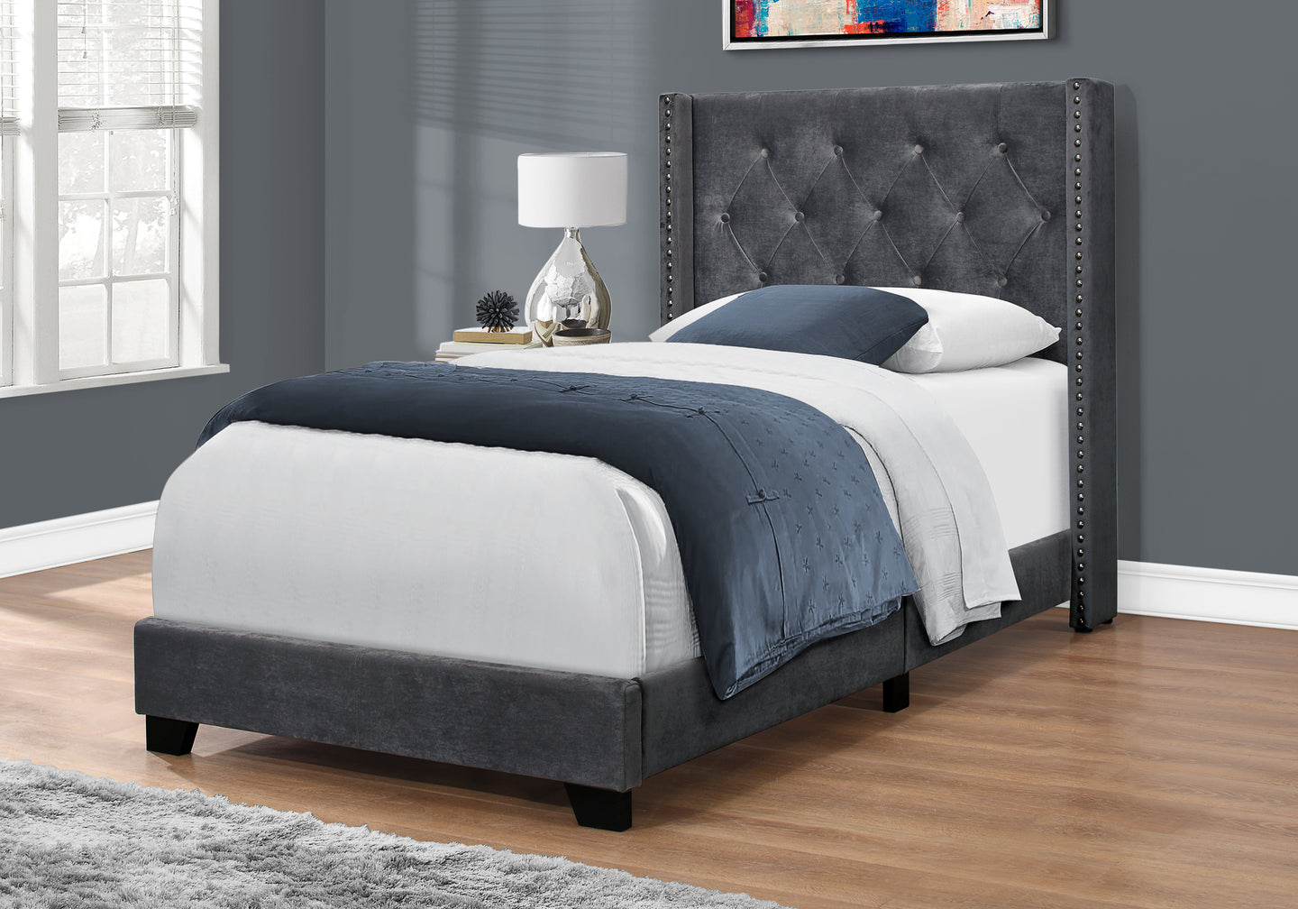 I 5986T Bed - Twin Size / Dark Grey Velvet With Chrome Trim - Furniture Depot