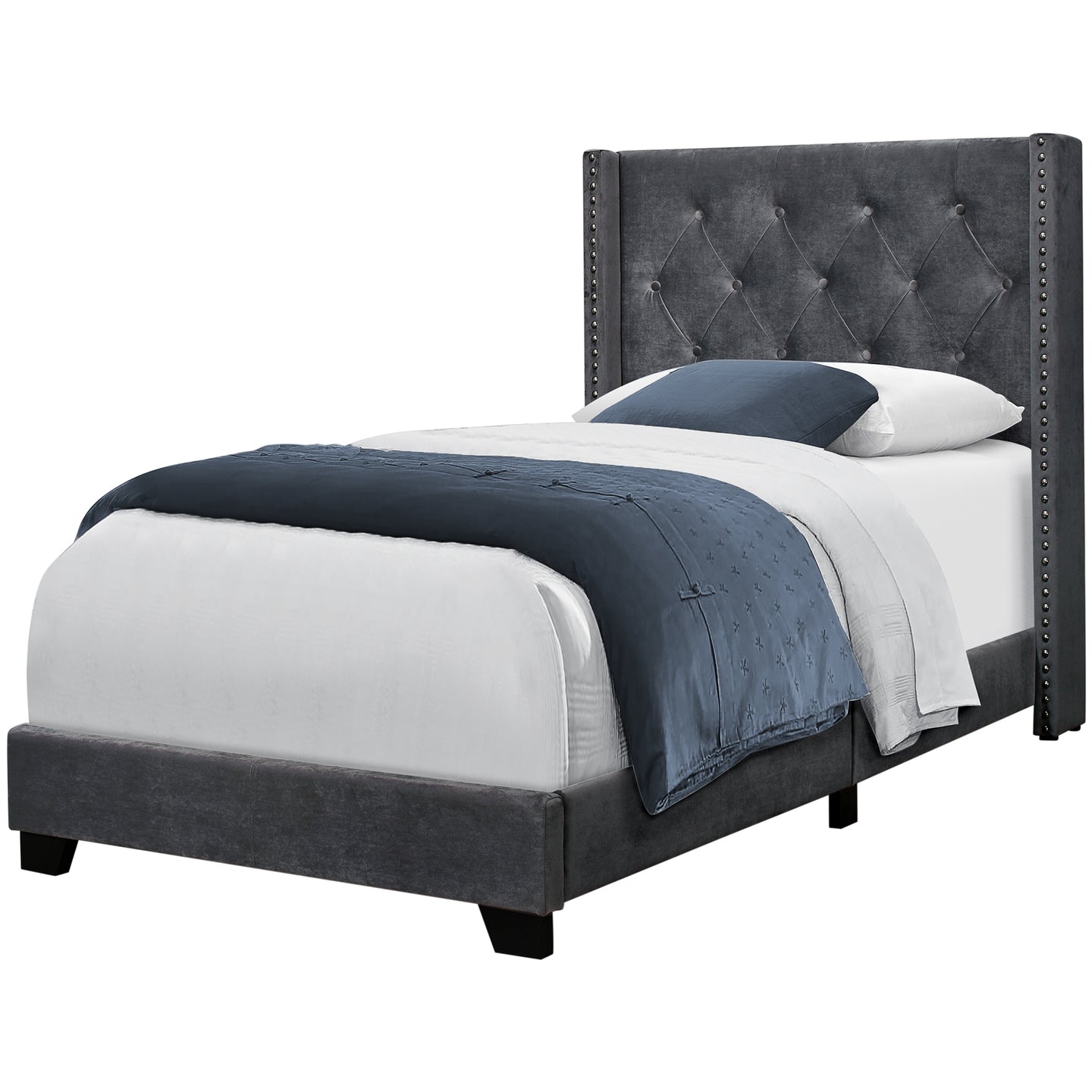 I 5986T Bed - Twin Size / Dark Grey Velvet With Chrome Trim - Furniture Depot