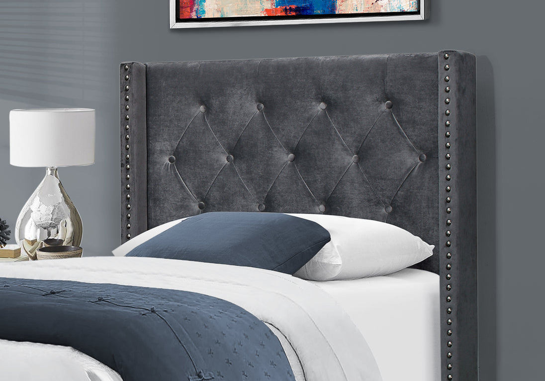 I 5986T Bed - Twin Size / Dark Grey Velvet With Chrome Trim - Furniture Depot