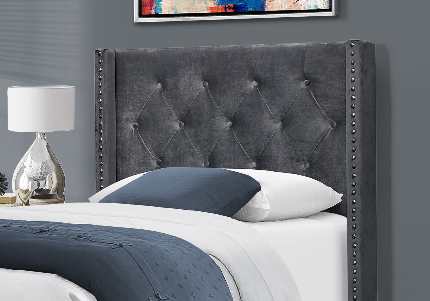 I 5986T Bed - Twin Size / Dark Grey Velvet With Chrome Trim - Furniture Depot
