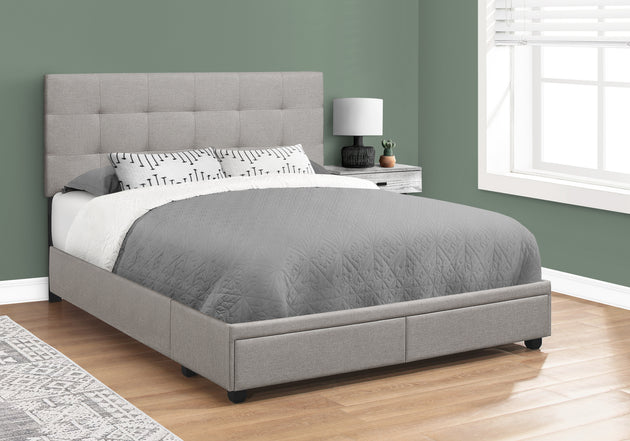 I 6020Q Bed - Queen Size / Grey Linen With 2 Storage Drawers - Furniture Depot