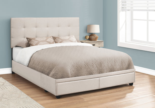I 6021Q Bed - Queen Size / Beige Linen With 2 Storage Drawers - Furniture Depot (7881127198968)