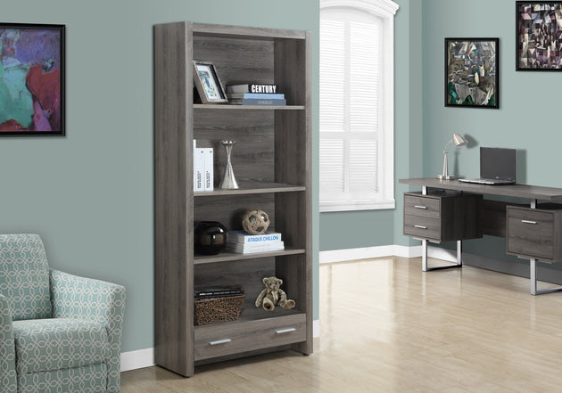 I 7087 Bookcase - 71"H / Dark Taupe With A Storage Drawer - Furniture Depot