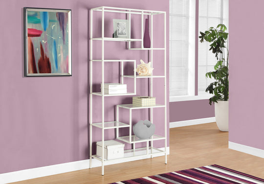 I 7159 Bookcase - 72"H / White Metal With Tempered Glass - Furniture Depot