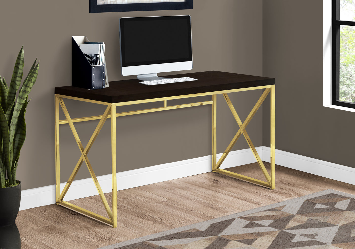 I 7201 Computer Desk - 48"L / Espresso / Gold Metal - Furniture Depot