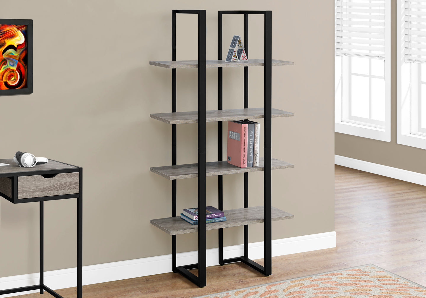 I 7237 Bookcase - 60"H / Dark Taupe / Black Metal - Furniture Depot (7881130803448)