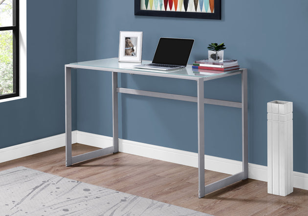 I 7380 Computer Desk - 48"L / Silver Metal/ White Tempered Glass - Furniture Depot