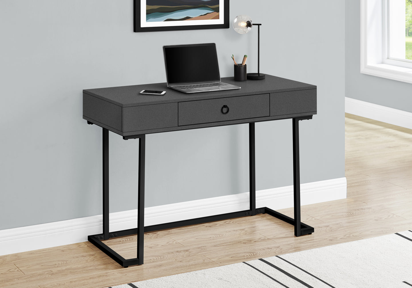 I 7386 Computer Desk - 42"L / Modern Grey / Black Metal - Furniture Depot