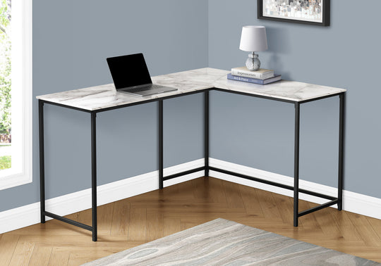 I 7393 Computer Desk - 58"L / White Marble / Black Metal Corner - Furniture Depot (7881388556536)