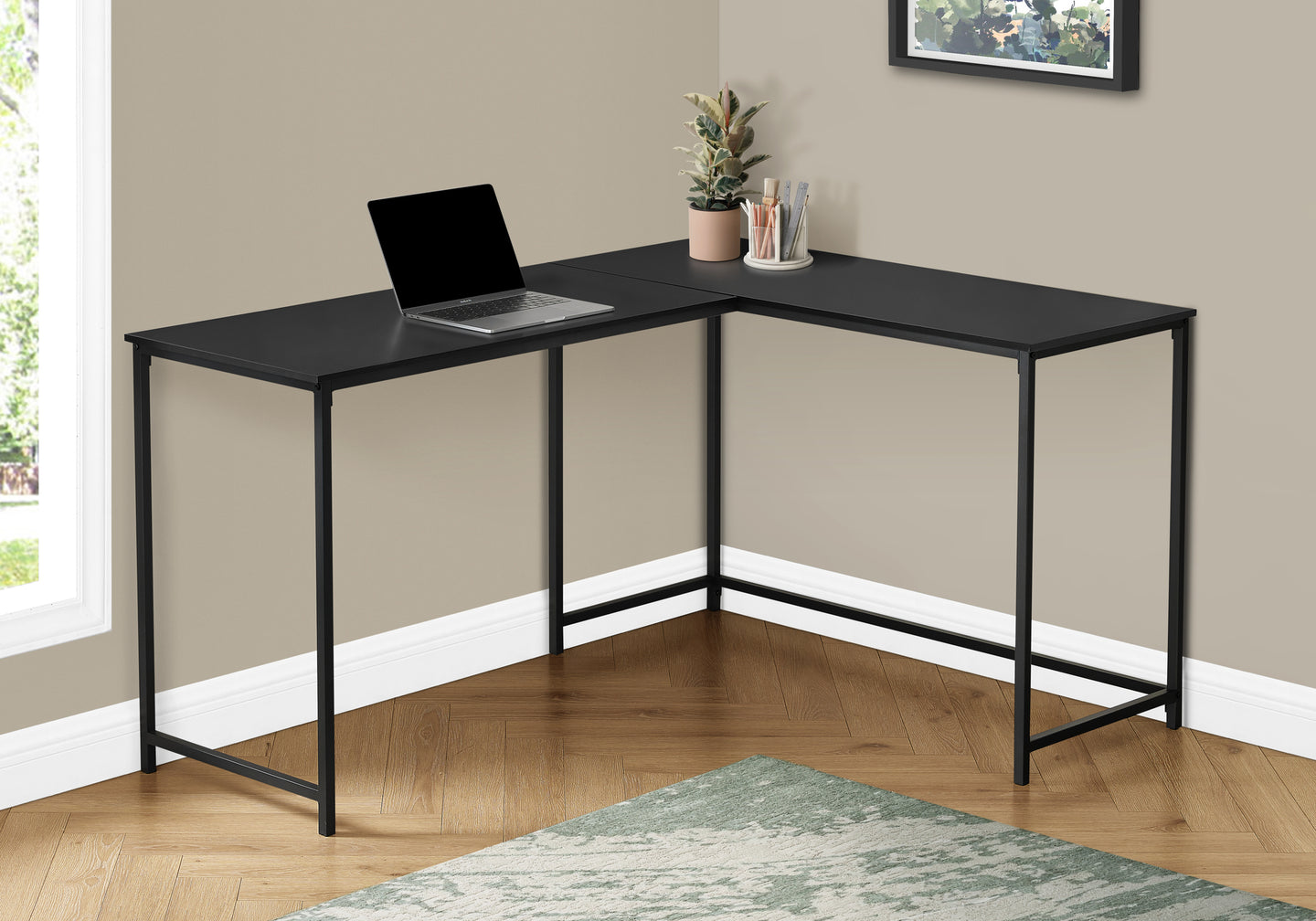 I 7394 Computer Desk - 58"L / Black Top / Black Metal Corner - Furniture Depot