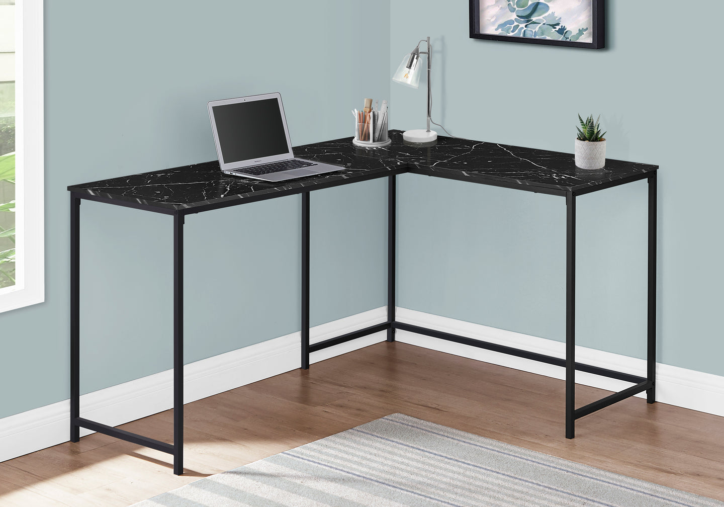 I 7396 Computer Desk - 58"L / Black Marble / Black Metal Corner - Furniture Depot