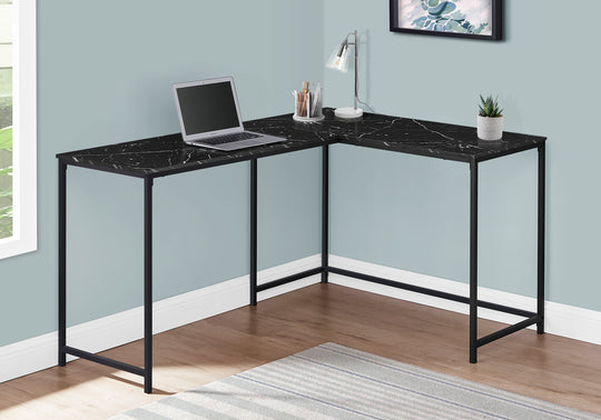 I 7396 Computer Desk - 58"L / Black Marble / Black Metal Corner - Furniture Depot