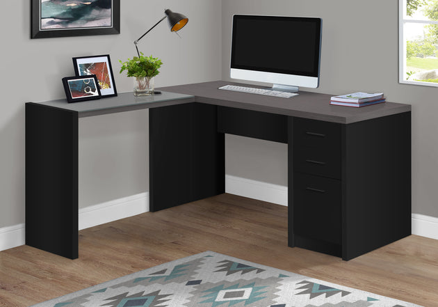I 7431 Computer Desk - Black / Grey Top Corner W/ Tempered Glass - Furniture Depot