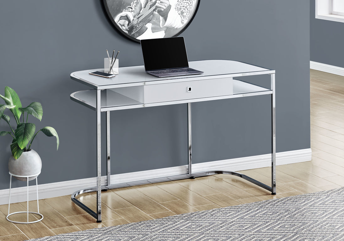 I 7520 Computer Desk - 48"L / Glossy White / Chrome Metal - Furniture Depot
