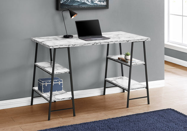 I 7527 Computer Desk - 48"L / White Marble-Look / Black Metal - Furniture Depot