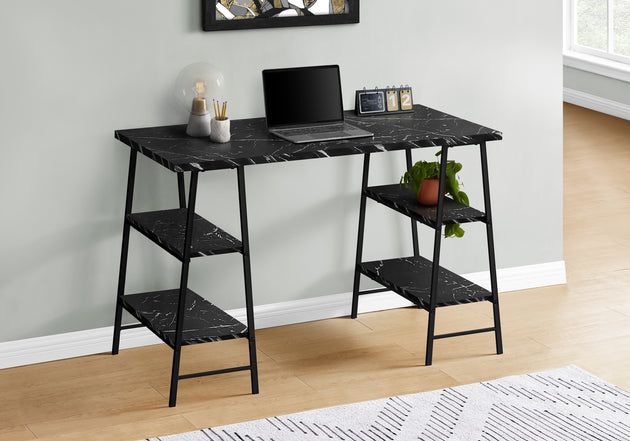 I 7528 Computer Desk - 48"L / Black Marble-Look / Black Metal - Furniture Depot (7881138077944)