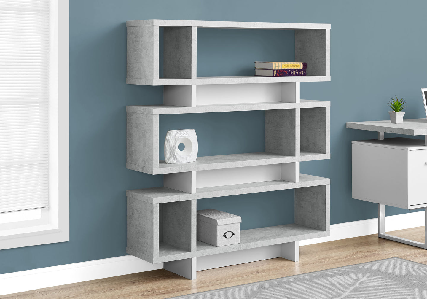 I 7532 Bookcase - 55"H / White / Cement-Look Modern Style - Furniture Depot