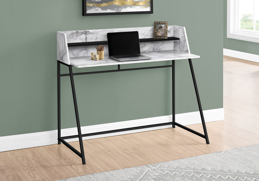 I 7549 Computer Desk - 48"L / White Marble-Look / Black Metal - Furniture Depot