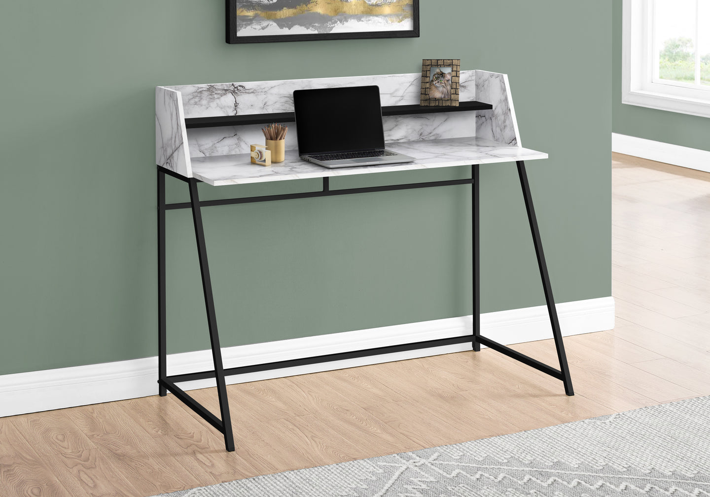 I 7549 Computer Desk - 48"L / White Marble-Look / Black Metal - Furniture Depot