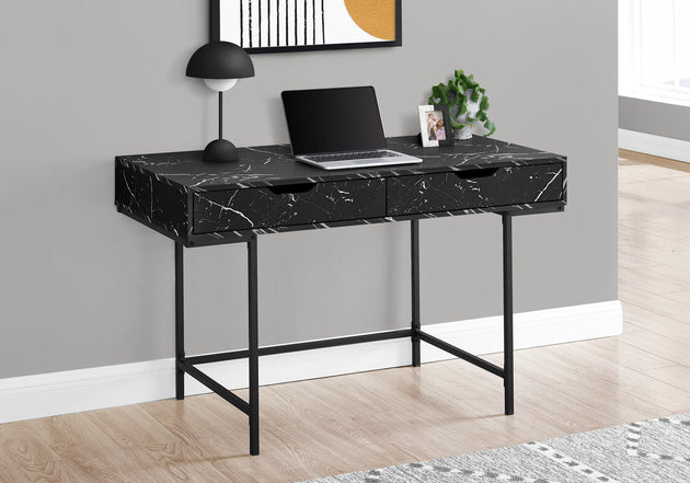 I 7552 Computer Desk - 48"L / Black Marble-Look / Black Metal - Furniture Depot