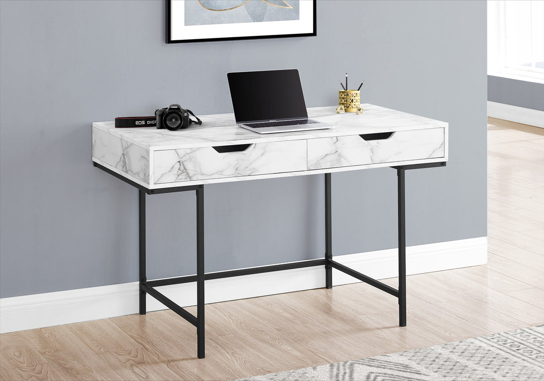 I 7558 Computer Desk - 48"L / White Marble-Look / Black Metal - Furniture Depot (7881391800568)