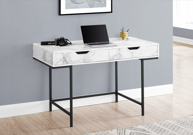 I 7558 Computer Desk - 48"L / White Marble-Look / Black Metal - Furniture Depot (7881391800568)