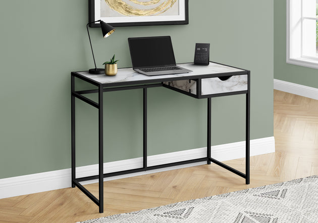 I 7571 Computer Desk - 42"L / White Marble-Look / Black Metal - Furniture Depot